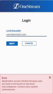 The Login dialog box has a blue banner at the top with the OneStream logo. The error message at the bottom of the dialog box has a pink background with red text.